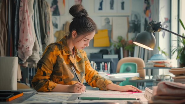 Designer de moda trabalhando em uma nova coleção de roupas esboçando ideias em uma mesa de estúdio elegante