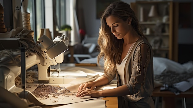 Designer de moda usando uma máquina de costura Ai generativa