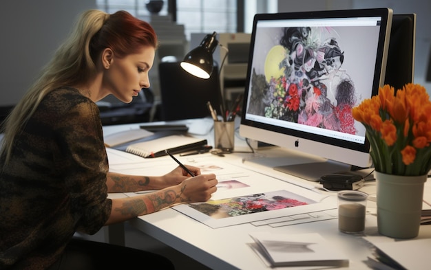 Designer de mulher concentrada usando tablet gráfico e computador