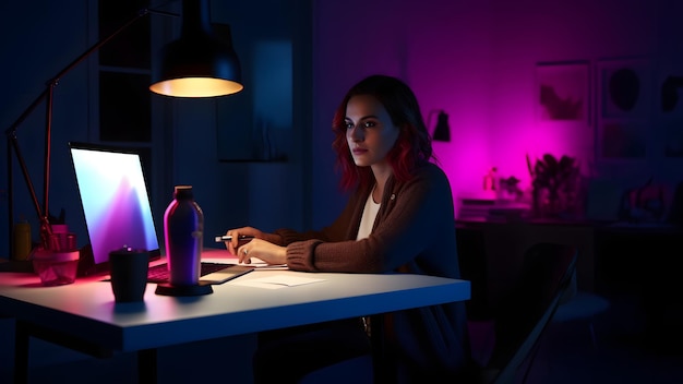 Designer de mulher sentada à mesa em frente ao laptop no escritório doméstico à noite Rede neural gerada em maio de 2023 Não baseada em nenhuma cena ou padrão de pessoa real