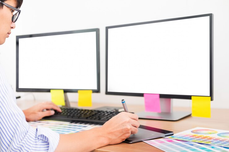 Foto designer editor en el trabajo, dibujando un nuevo proyecto en tableta gráfica y paleta de colores
