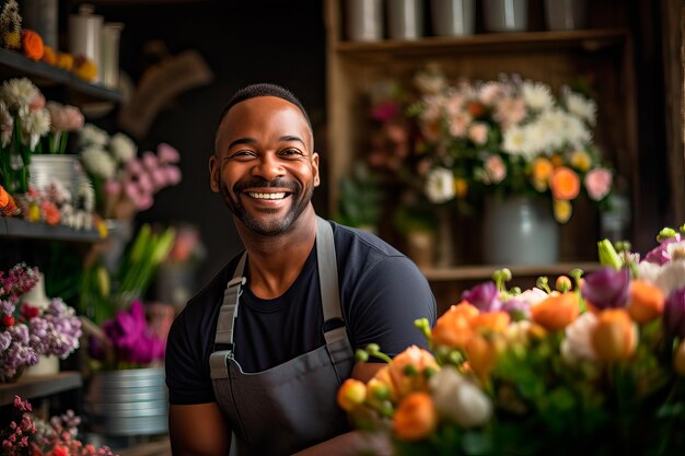 Foto designer floral trabalhando em um arranjo floral em sua florista pequeno negócio