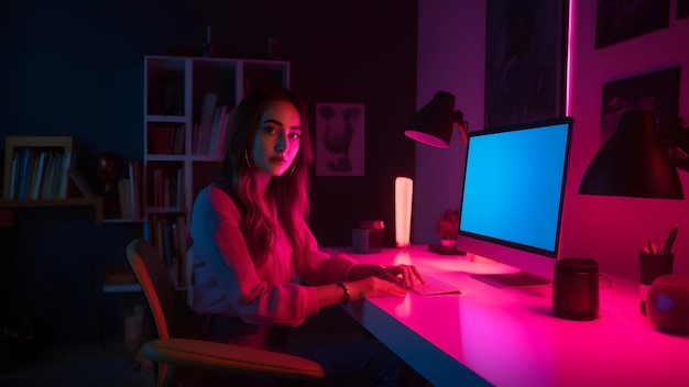 Designer garota sentada na mesa na frente da rede neural do computador gerada imagem