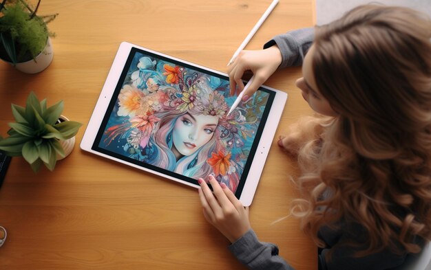 Designer gráfico de vista superior com um tablet
