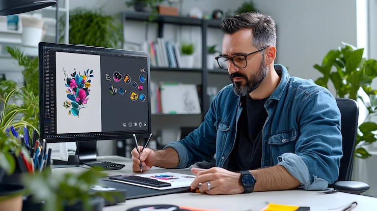 Foto designer gráfico finalizando um desenho de impressão em um fundo cinza claro