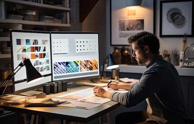 designer gráfico masculino trabalhando em um grande estúdio de design em seu grande monitor