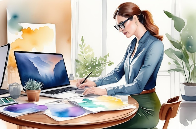 designer mulher trabalhando no computador em casa moderno desenho de aquarela interior