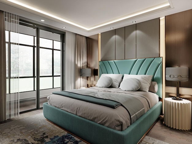 Designer-Schlafzimmer mit türkisfarbenem Bett und schönen Nachttischen mit Lampen mit Stoffschirm 3D-Rendering