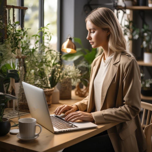 Designerin arbeitet am Computer im IT-Büro oder zu Hause, KI generiert