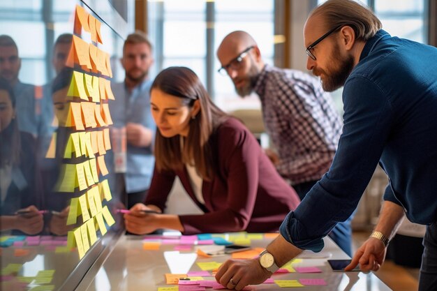 Designers de produtos fazendo brainstorming com postits na parede