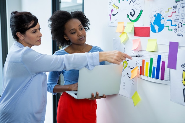 Foto designers gráficos femininos discutindo sobre um gráfico no quadro branco