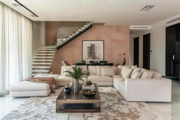 Designhaus im zeitgenössischen Stil, Blush Pink, Innenraum und modernes Wohnzimmer