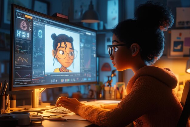 Designing Digital Art on Computer in Dimly Lit Room