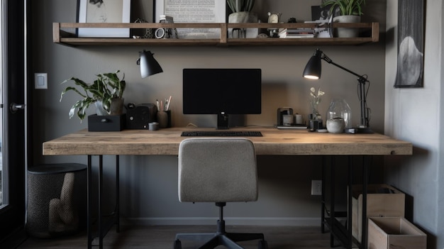 Designo interior do Home Office em estilo industrial com secretária