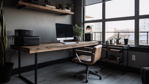 Designo interior do Home Office em estilo industrial com secretária