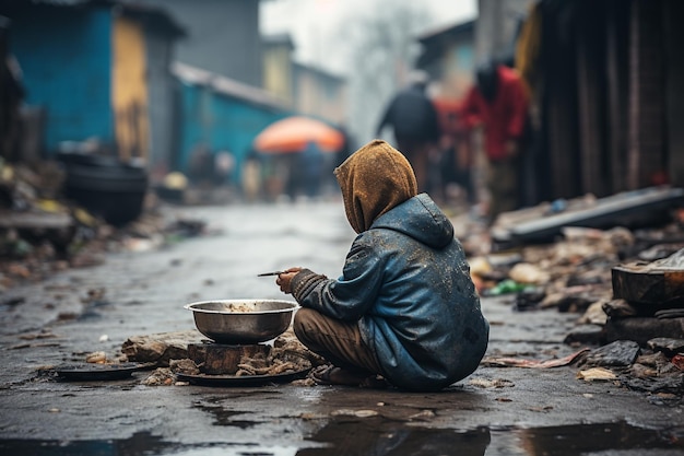 Foto desigualdade social pobreza e fome pessoas carentes eremitas distantes sem-teto que precisam de comida