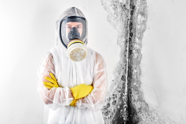 Un desinfectante profesional en overoles procesa las paredes del moho. Eliminación de hongos negros en el apartamento y la casa. Aspergilo.