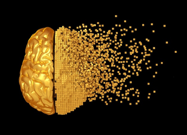 Foto desintegração de cérebro digital dourado em fundo preto