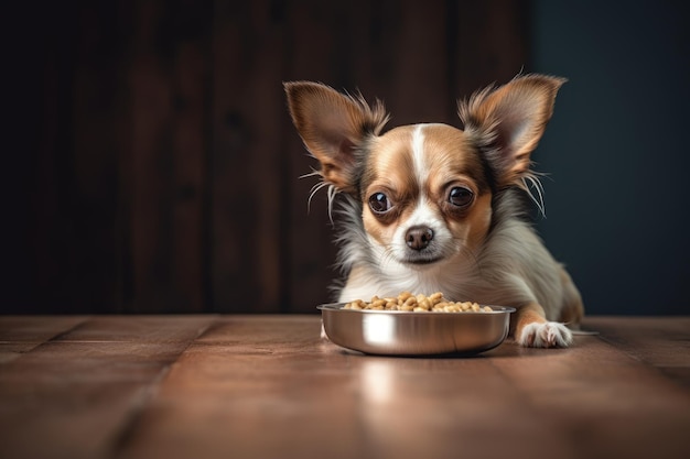 Desinteressierter Chihuahua-Hund weigert sich zu fressen, liegt neben Futternapf