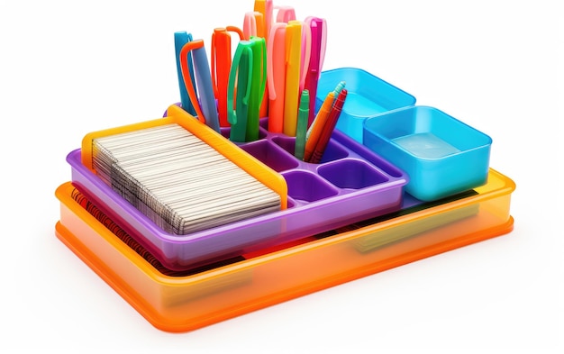 Desk Essentials Colorful Plastic Organizing Set em uma superfície branca ou clara PNG Transparent Background