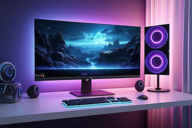 Desktop de computadora de sala de juegos con luces azules púrpuras en el fondo y la cortina