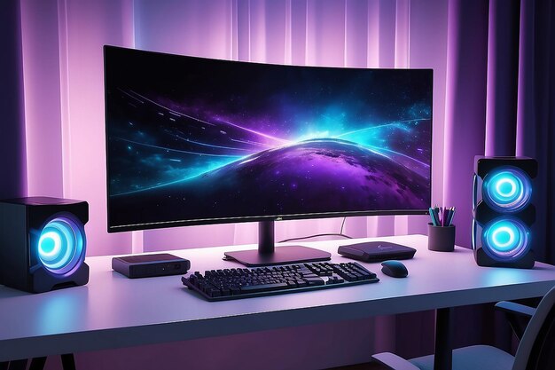 Foto desktop de computadora de sala de juegos con luces azules púrpuras en el fondo y la cortina