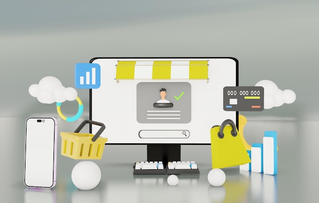 Desktop Computer 3D-Illustration mit Online-Shopping-Thema gibt es einen weißen Bildschirm Computer-Wagen