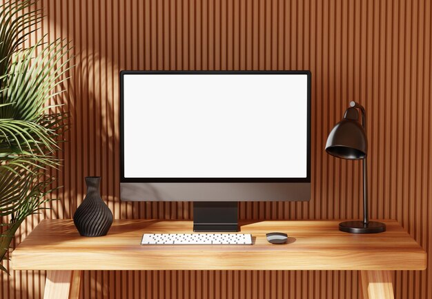 Desktop-Computer-Attrappe, weißer leerer Bildschirm mit realistischer Licht- und Schatten-Dunkelszene, 3D-Rendering