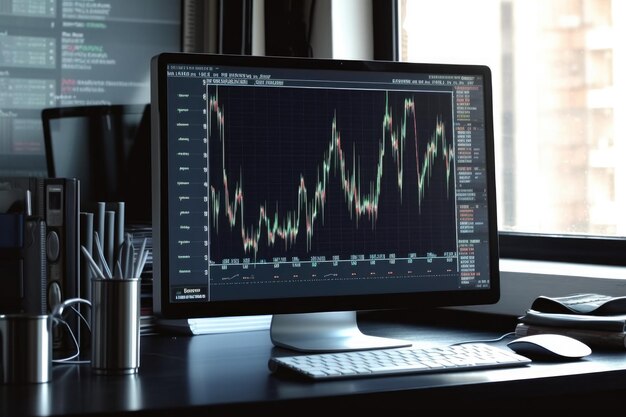 Desktop-Computer auf dem Schreibtisch im Büro. Der Monitorbildschirm zeigt Unternehmenswachstumsdaten mit Finanzdiagrammen, Gharts Trading Charts-Software-Benutzeroberfläche