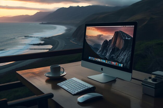 Foto desktop-computer auf einem schreibtisch mit einem dramatischen blick auf die küstenklippe 00