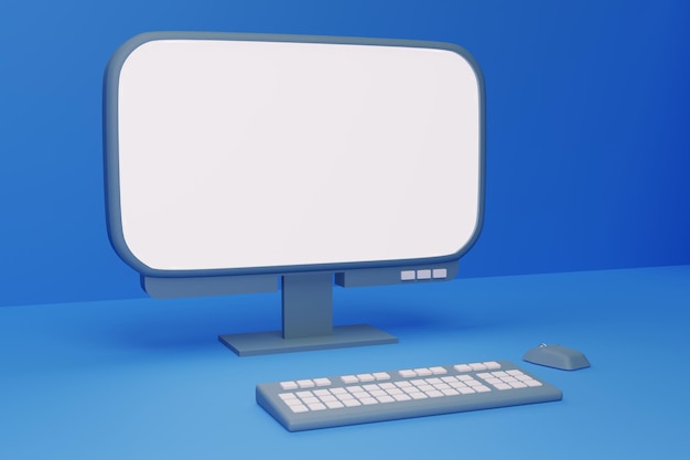 Desktop-Computer im 3D-Raum mit weißem, leerem Bildschirm Mockup für Design