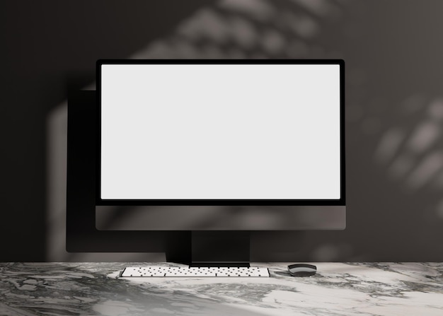 Foto desktop computer mockup pantalla blanca en blanco con luz realista y sombra representación 3d de escena oscura