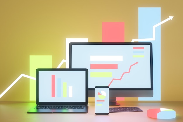 Desktop de design de néon amarelo abstrato com monitores de computador portátil brilhantes tela de smartphone e gráficos de negócios gráficos e diagramas ações financeiras e conceito de crescimento econômico Renderização 3D