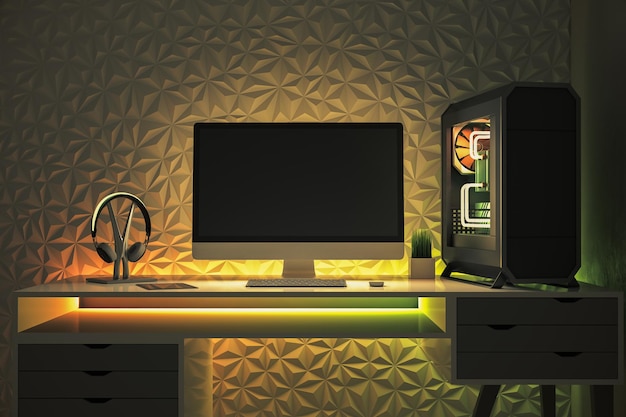 Desktop de designer contemporâneo com tela de computador branca