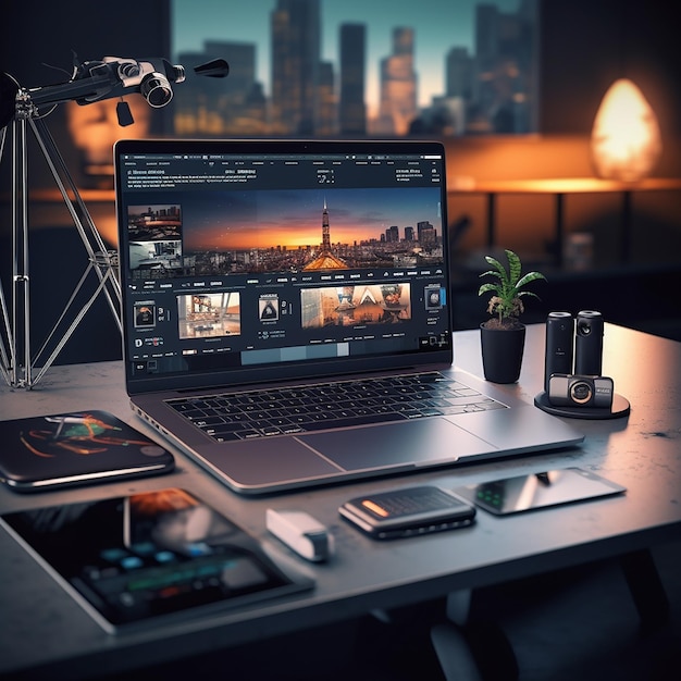 Desktop de escritório com laptop e acessórios ultra realistas