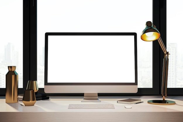 Desktop de diseñador limpio con monitore de computadora blanco vacío suministros de lámparas y otros artículos Ventana con vista de la ciudad en el fondo Renderización 3D simulada