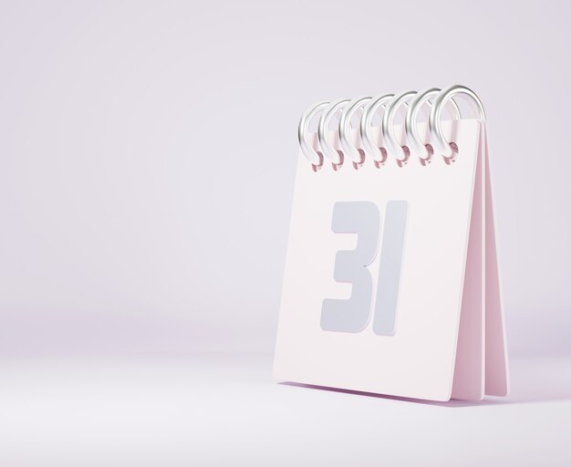 Desktop-Kalender mit letztem Tag Jahr Nummer 31, rosafarbener Standmonats-Frühlings-Tischkalender und Datum auf rosa Hintergrund, Gestaltungselement für Webdesign, 3D-Rendering-Illustration