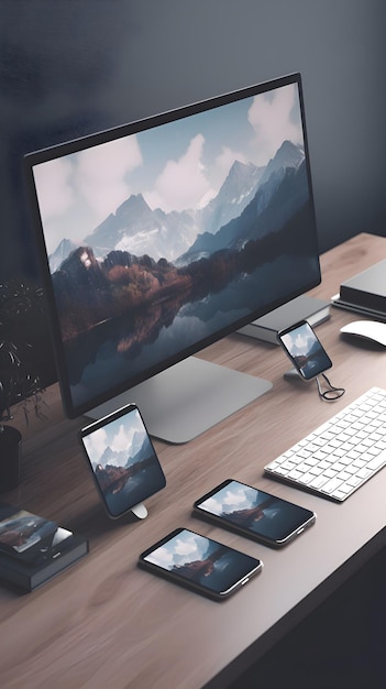 Foto desktop moderno com computador, telefone celular e outros dispositivos renderização 3d