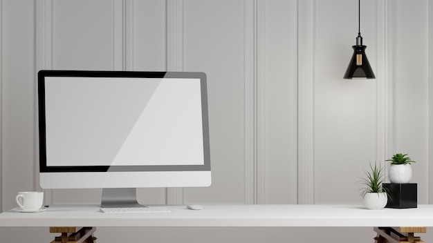 Desktop-PC-Computer-leerer Bildschirm-Mockup auf modernem Schreibtisch über weißer Tapete 3D-Rendering