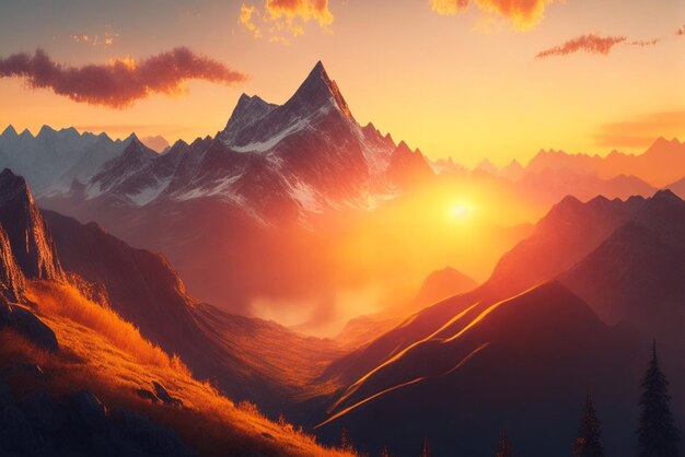 Desktop Wallpaper View Of Incredible Mountain Landscapes With Golden Sunrise (Visão de incríveis paisagens montanhosas com nascer do sol dourado)