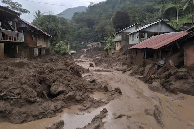 Deslizamento de lama enterra estrada isolando vila do mundo exterior criada com IA generativa