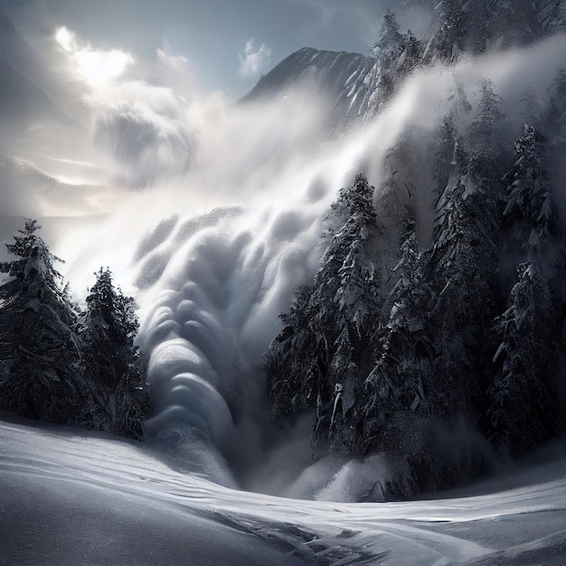 Deslizamento de neve épico da paisagem da avalanche da neve na floresta nevada do inverno