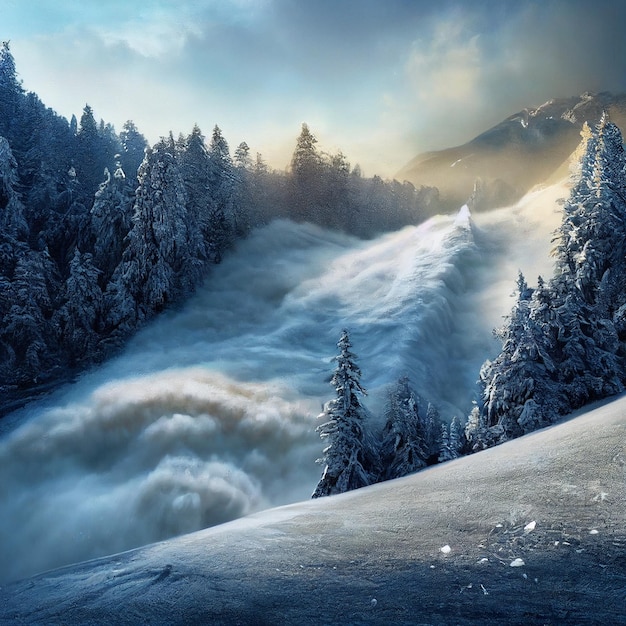 Deslizamento de neve épico da paisagem da avalanche da neve na floresta nevada do inverno