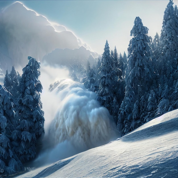 Deslizamento de neve épico da paisagem da avalanche da neve na floresta nevada do inverno