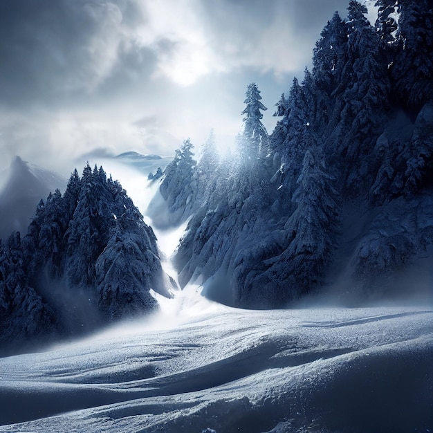 Deslizamento de neve épico da paisagem da avalanche da neve na floresta nevada do inverno