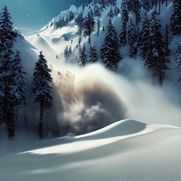 Deslizamento de neve épico da paisagem da avalanche da neve na floresta nevada do inverno