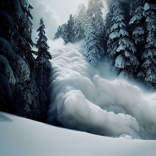 Deslizamento de neve épico da paisagem da avalanche da neve na floresta nevada do inverno