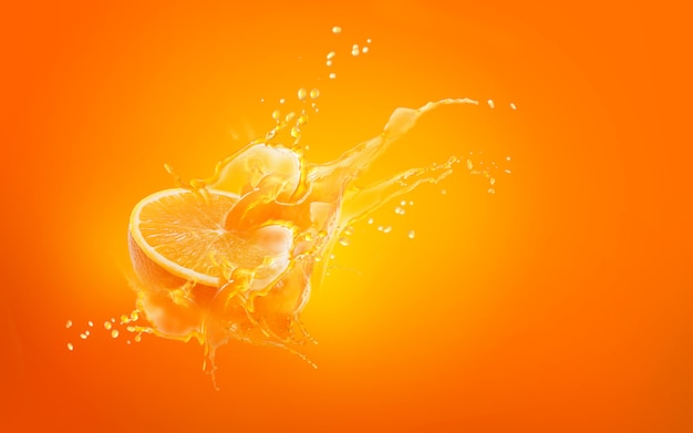 Foto deslize o pedaço de gota de laranja com água de respingo de suco de laranja