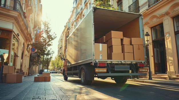 Deslocamento eficiente Deslocadores profissionais transportando móveis e caixas de papelão de caminhão para a rua com experiência e cuidado