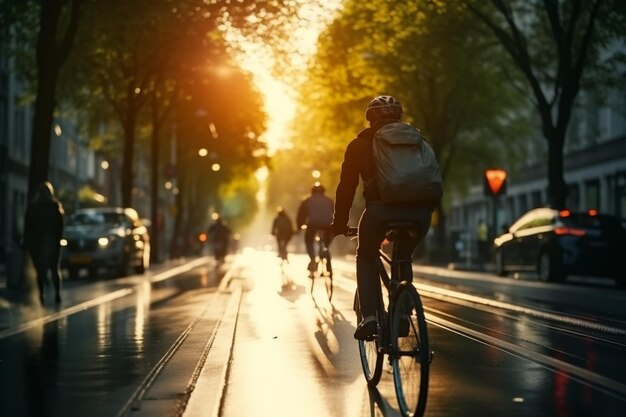 Deslocamento na cidade movimentada Ciclistas pedalando por ruas lotadas movimento urbano